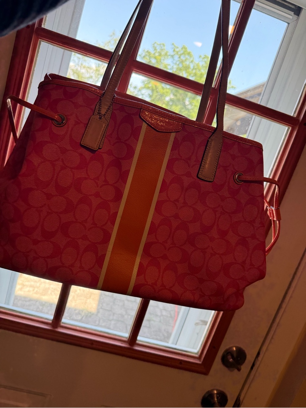 Coach Pink Signature Stripe Tote with Orange and Cream Center Stripe